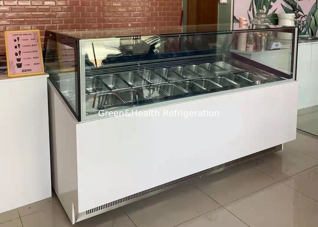 Tủ đông trưng bày kem thương mại với khả năng kiểm soát nhiệt độ kỹ thuật số có thể nhìn thấy toàn cảnh 360° và chảo GN bằng thép không gỉ