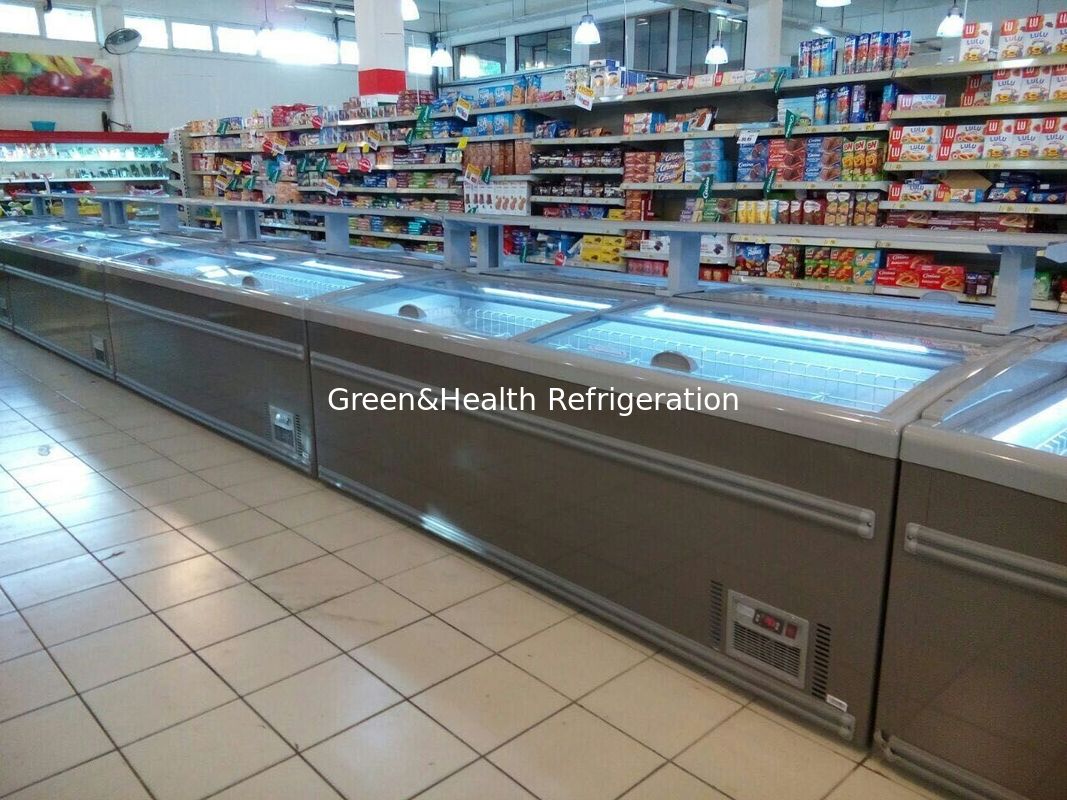 8 Ft siêu thị lớn đảo hiển thị cửa kính trượt Tủ đông để lưu trữ gà