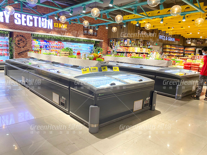 8 Ft siêu thị lớn đảo hiển thị cửa kính trượt Tủ đông để lưu trữ gà