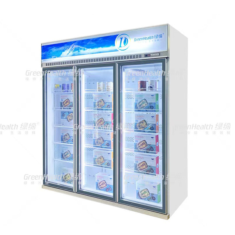 Phong trào biến động thương mại thẳng đứng 2 cửa hiển thị tủ đông với quạt làm mát và LED