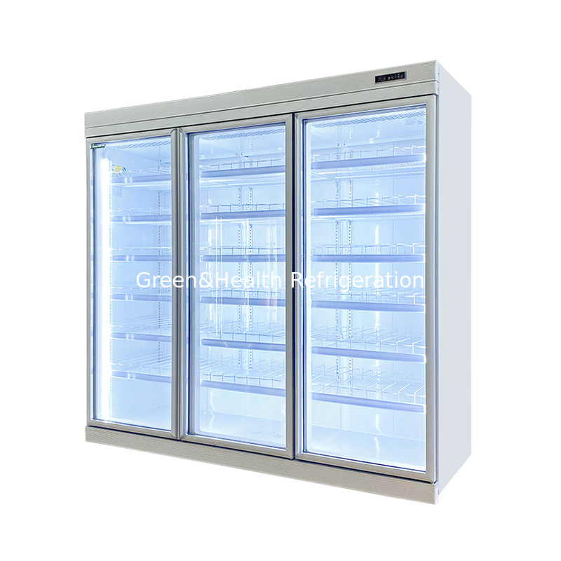 Thương mại -18C tự chứa thẳng đứng hiển thị cửa kính tủ lạnh cho thực phẩm đông lạnh