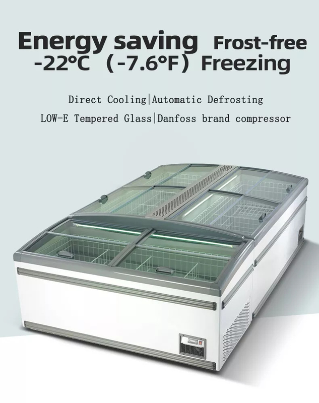 Hệ thống làm mát trực tiếp Máy đông thương mại hiển thị với nhiệt độ -18-22°C và khối lượng 630L