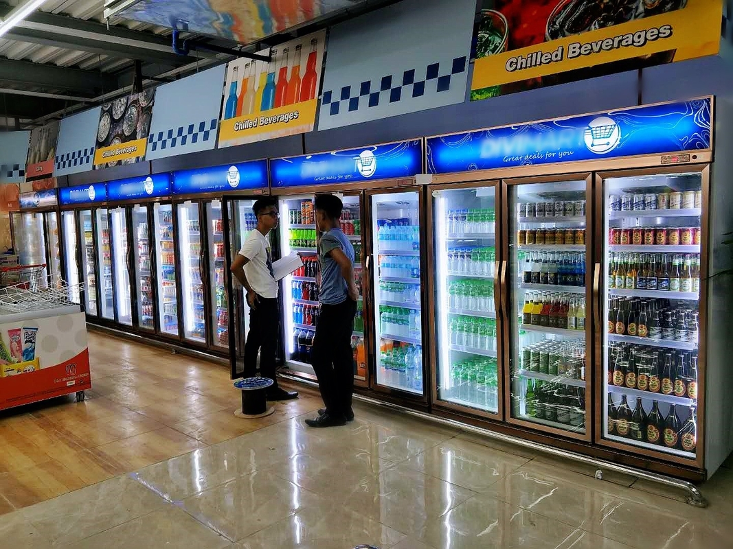 Tủ lạnh với cửa thủy tinh lắc bán hàng đồ uống hiển thị tủ lạnh cho tiện nghi cửa hàng tạp hóa