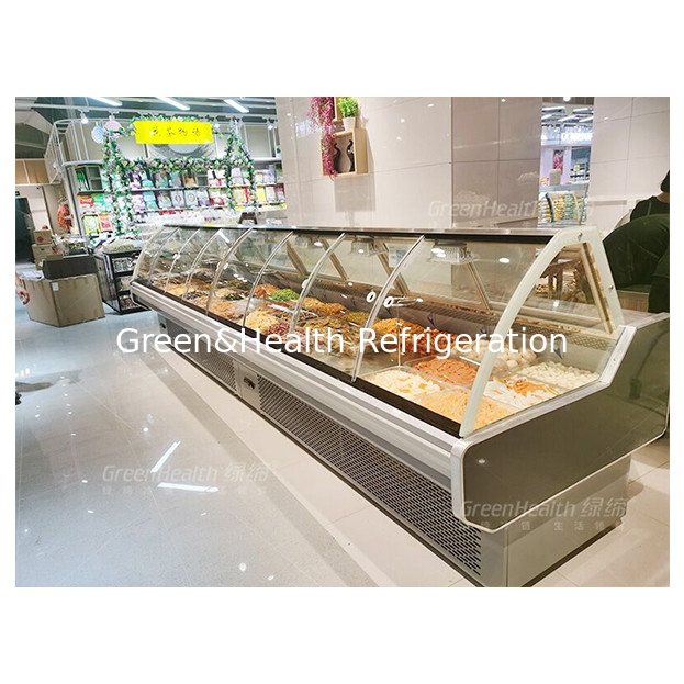 Kính cong trước và sau màu xám đậm trưng bày thực phẩm đã nấu chín, tủ đông thực phẩm đã nấu chín
