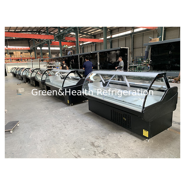 Kính cong trước và sau màu xám đậm trưng bày thực phẩm đã nấu chín, tủ đông thực phẩm đã nấu chín