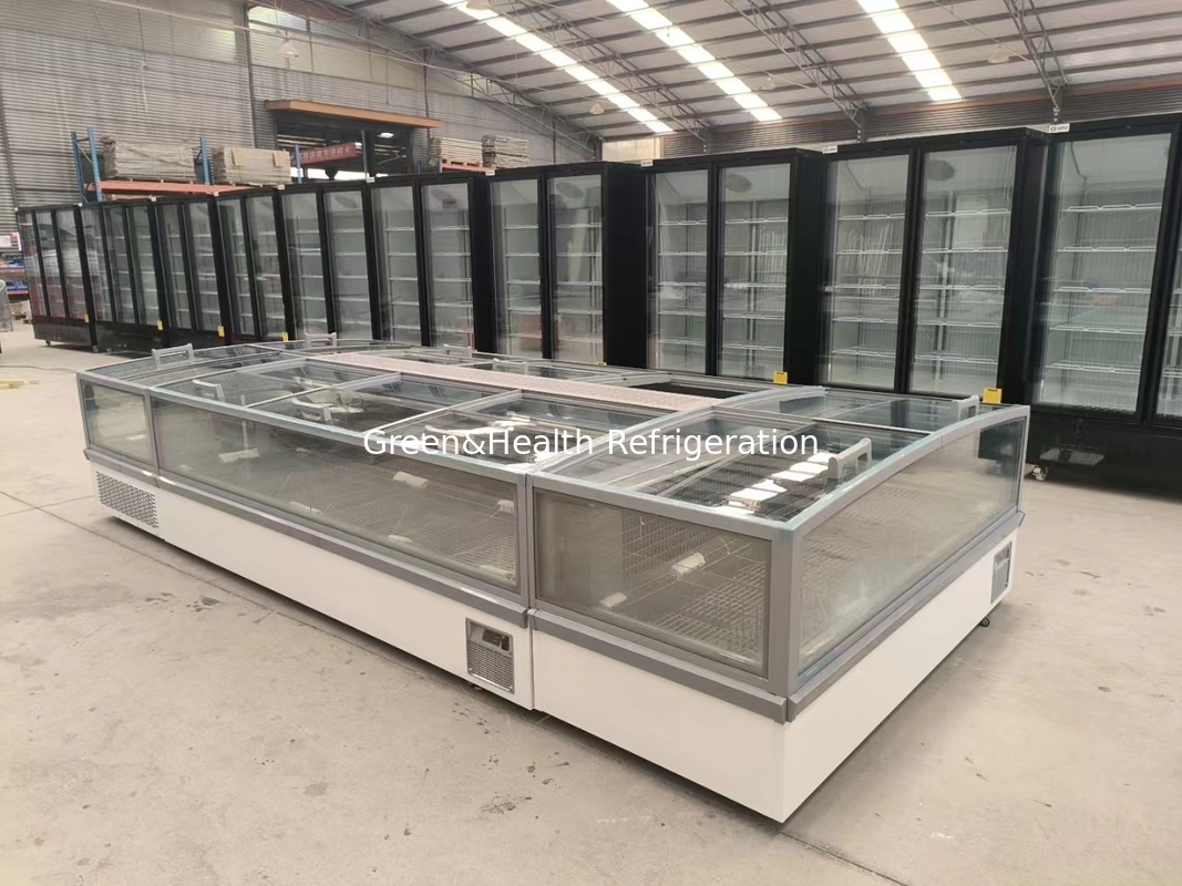 Supermarket Island Freezer Panoramic Glass Freezer Tự động giải đông Island Freezer Với đèn LED