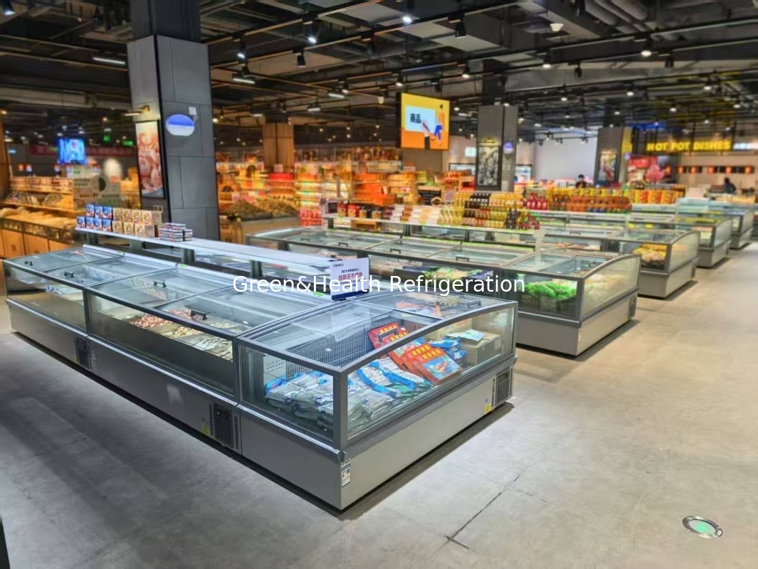 Supermarket Island Freezer Panoramic Glass Freezer Tự động giải đông Island Freezer Với đèn LED
