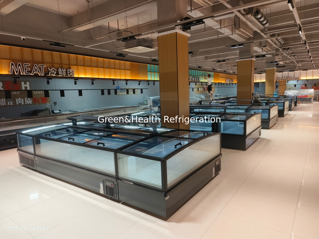 Supermarket Island Freezer Panoramic Glass Freezer Tự động giải đông Island Freezer Với đèn LED