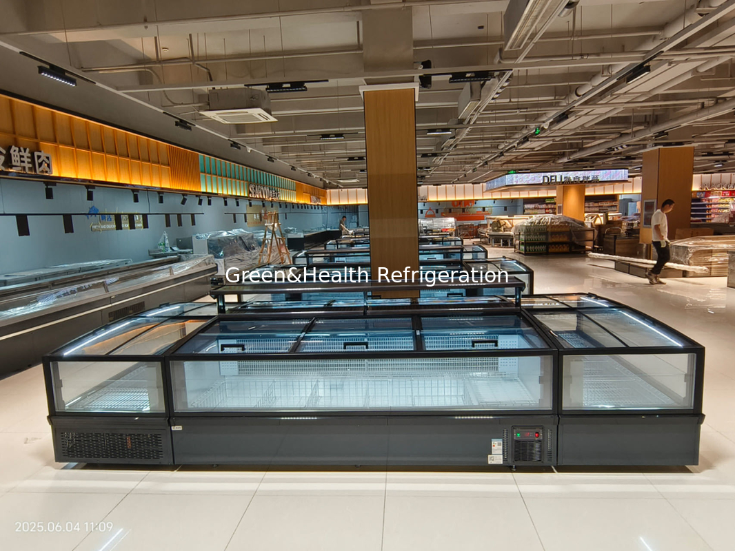 Supermarket Island Freezer Panoramic Glass Freezer Tự động giải đông Island Freezer Với đèn LED