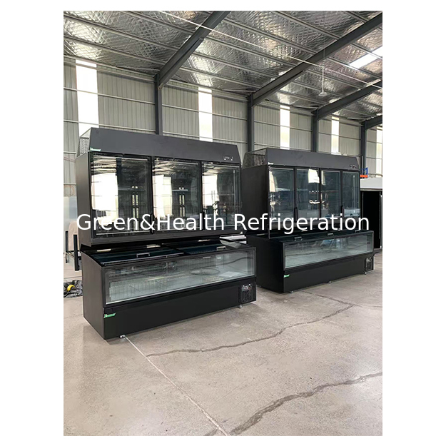 Island Display Cabinet For Supermarkets With Refrigeration On The Top And Freezing At The Bottom