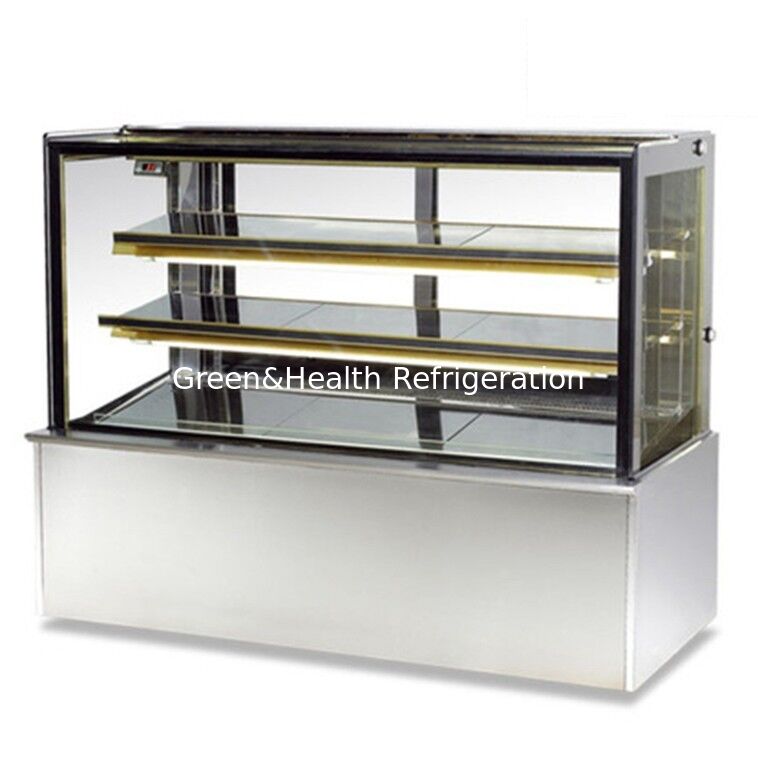 Quá trình hiển thị bánh bằng thép không gỉ góc phải Tủ đông với 3 lớp Decks cho tủ lạnh cửa hàng bánh