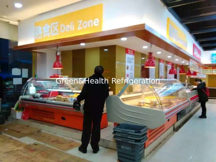 Tủ lạnh hiển thị đồ ăn thương mại với quạt làm mát máy nén Danfoss và thiết kế kính cong