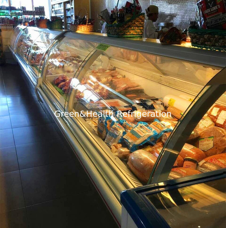 Tủ trưng bày thịt thương mại với kính cong bên trong thép không gỉ và hệ thống làm mát quạt