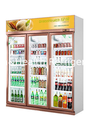 Máy làm lạnh trưng bày đồ uống siêu thị với cửa kính tự phục hồi